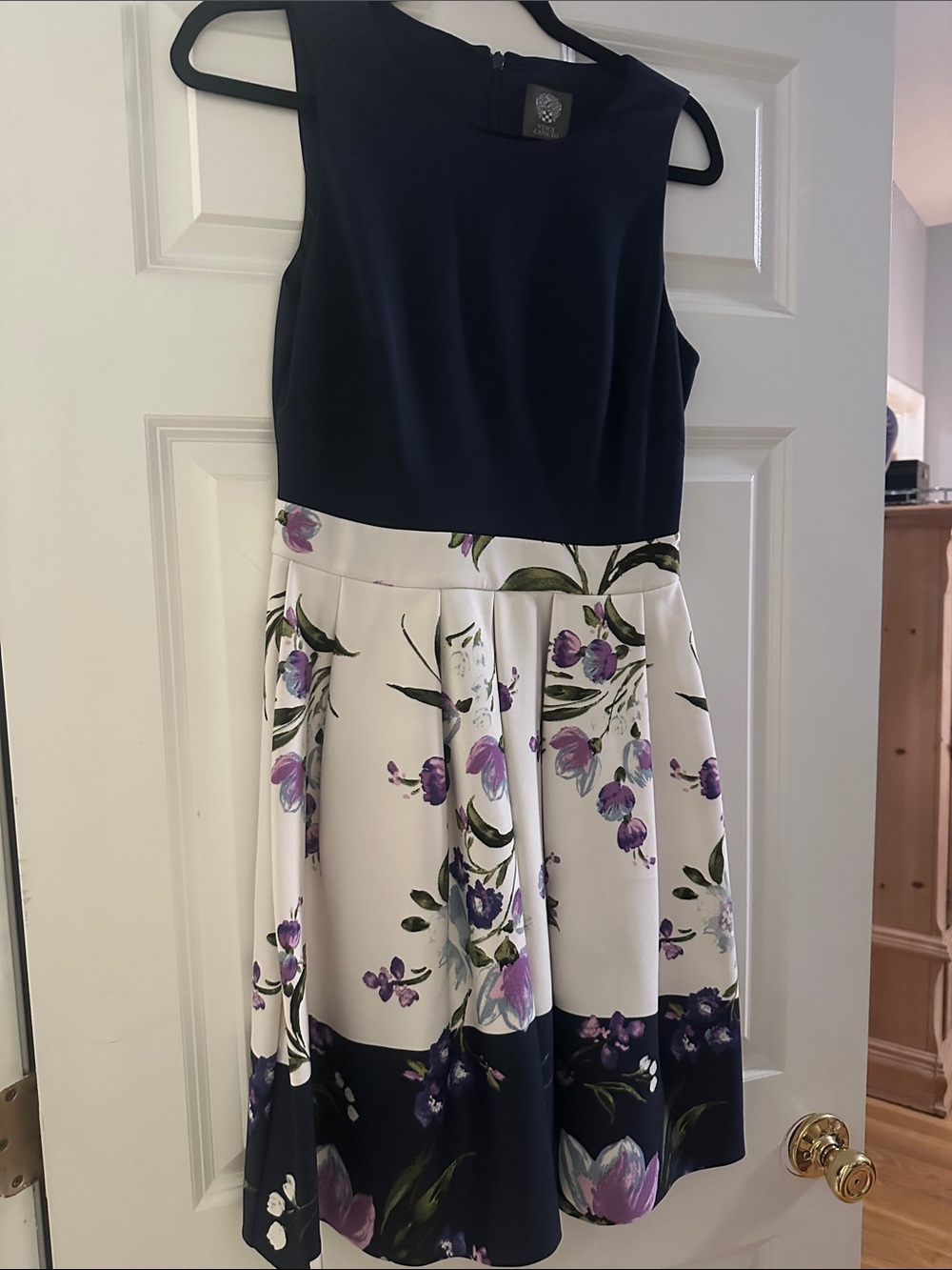 Vince Camuto Navy Bodice White Floral Midi Dress with Purple Accents
